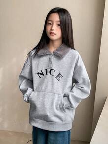 DAZY Tween Girls Thermal Lined Collared Letter Print Sweatshirt, Fall - Grey - View 1