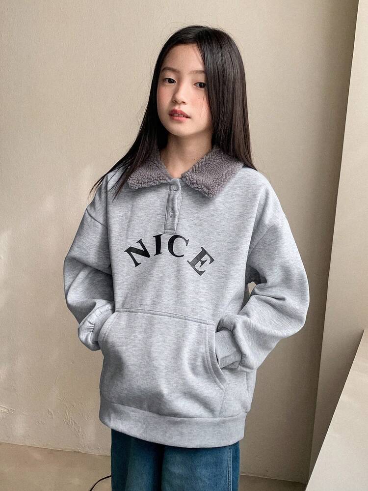 Tween Girls Thermal Lined Collared Letter Print Sweatshirt, Fall