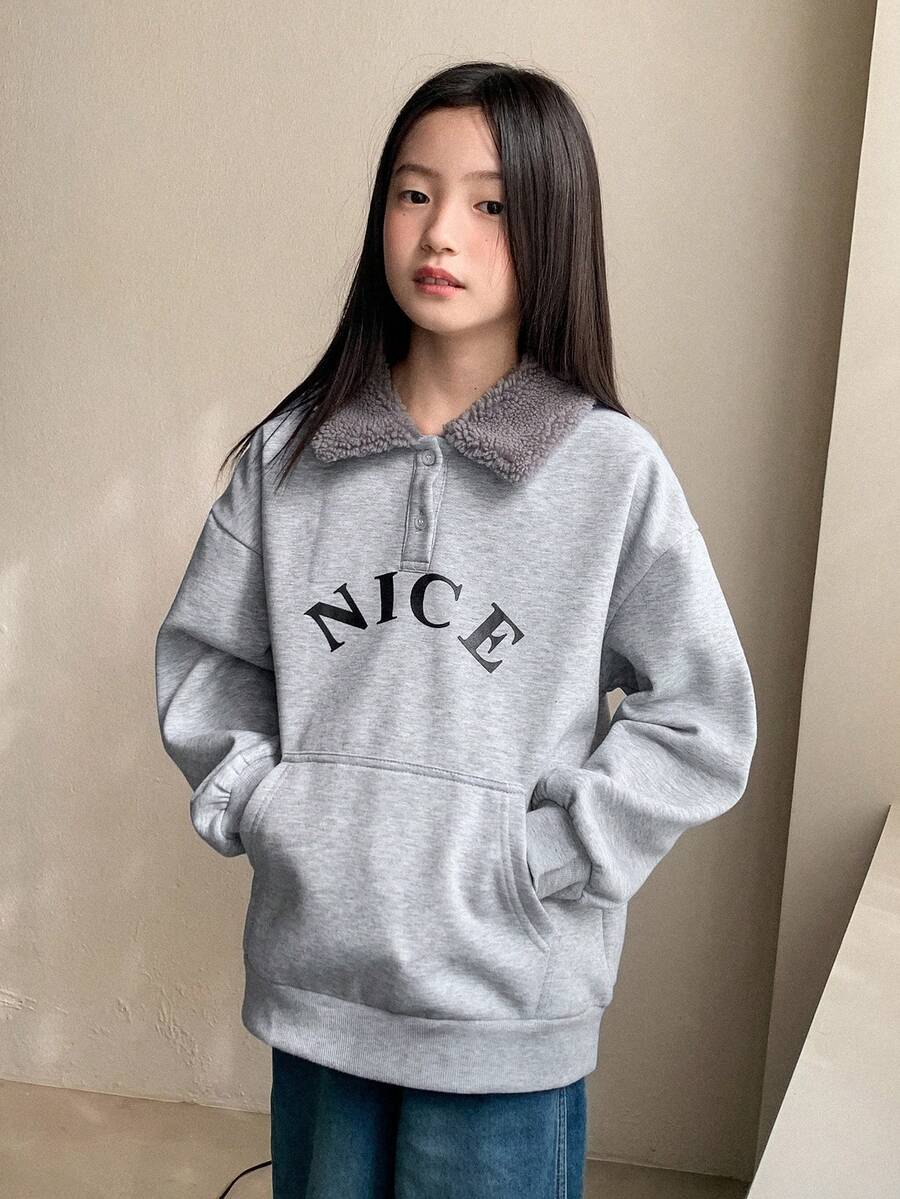 DAZY Tween Girls Thermal Lined Collared Letter Print Sweatshirt, Fall - Grey - View 1