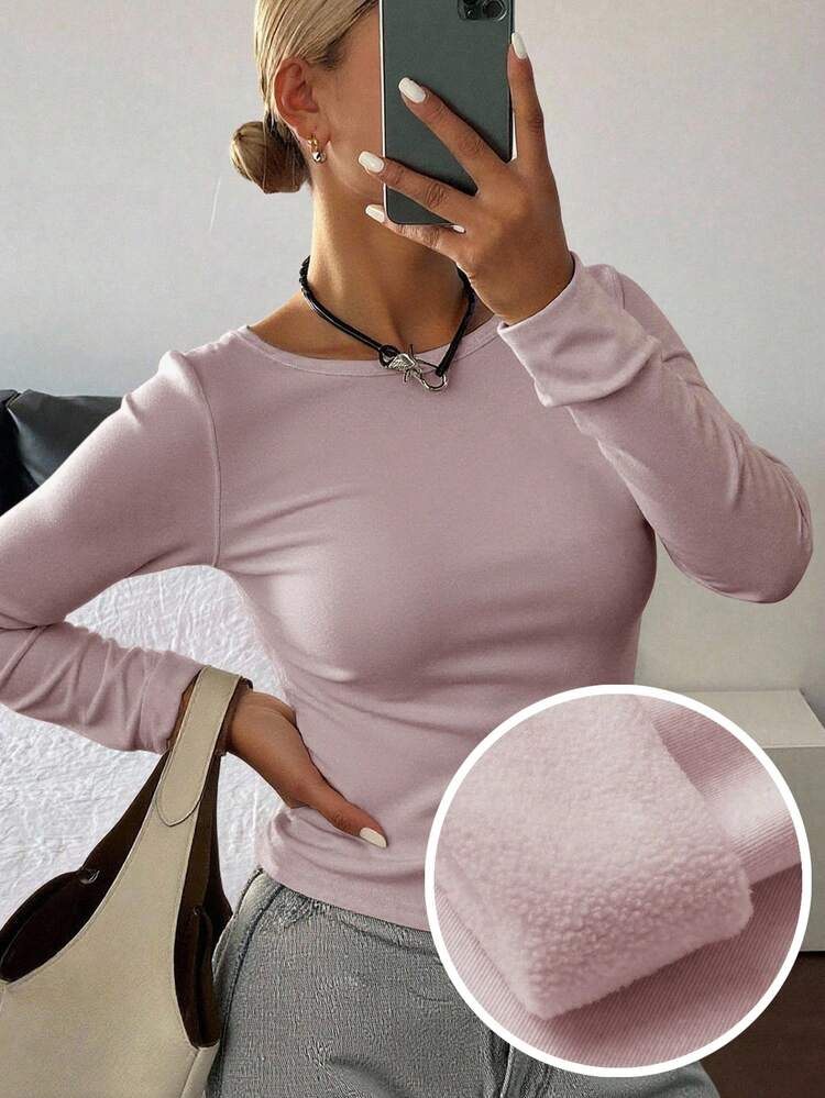 Women's Round Neck Long Sleeve Fitted Casual Warm Thermal Lined Solid Color T-Shirt