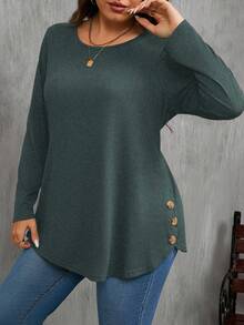 SHEIN Clasi Plus Size Women's Casual Solid Color Basic Round Neck Long Sleeve T-Shirt - Dark Green - View 7