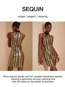 JIAN LASALA Wavy Sequin Halter Bodycon Mini Dress Women Elegant Party Dress Luxury Stylish Clothing Collection Sequence Dress Special Occasion Dress Metallic Dresses For Women Gold And Black Dress Women Gold Sequin Dress Sequin Dress Chain Dress Graphic Dress - Black and Gold - View 3