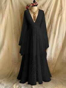 Lyrianda High-End Luxury French Lace Dress, New Fashion Elegant V-Neck Flare SleeveDresss, Formal Party Evening Gown, Graceful Birthday Dress - Black - View 6