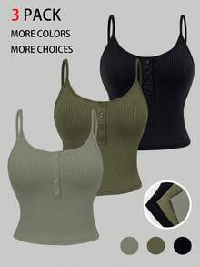 Zolique Solid Color Spaghetti Strap V-Neck Ribbed Cropped Button Camisole, Multi-Color Set 3 Packs Tops Ribbed Tops Curvy Tops Tight Tops - Multicolor - View 3