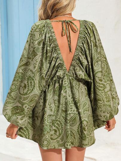 Vivid Eden Vestido curto sexy feminino com estampa de caju e decote em V profundo e manga morcego