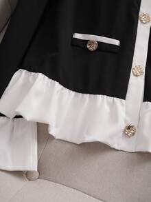 Franclia Women's Blouse, Round Neck, Raglan Long Sleeves With Bell Cuffs, Contrast Color Collar, Placket, Hem And Cuffs, Metal Button Closure On Front And Sides, Woven Fabric, Casual And Elegant Daily Wear