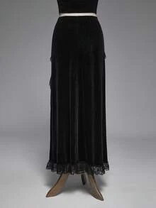 ROMWE Goth 哥特式性感高开叉蕾丝拼接天鹅绒女式半身裙 - 黑色 - 查看 2