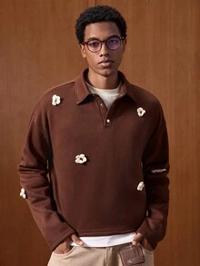 SWAVVY Áo thun polo tay dài trễ vai, dáng rộng, họa tiết hoa 3D cho nam - màu nâu - Xem 4