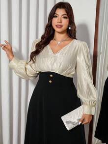 Modelyn Große Größen Farbblock Langarm V-Ausschnitt Knopf Taille figurbetonte elegante schwarz & apricot Midi Kleid - Schwarz - Übersicht 3