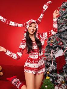 Women's Christmas Print Hooded Romper Fluffy Cozy Romper, Winter - Multicolor - View 1