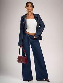 Avantive Striped Blue Denim Jacket Shirt Holiday Outfits For Women Casual Women Outfits - Dark Wash - View 4