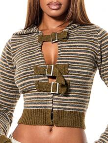 SUMWON WOMEN 条纹针织连帽短款毛衣，前扣开合，长袖 - 彩色 - 查看 5