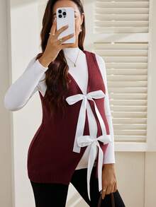 SHEIN Maternity Colorblock Bowknot Strap Minimalist Sleeveless Sweater Vest - Burgundy - View 1