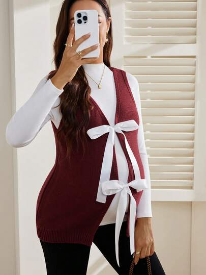SHEIN Maternity Colorblock Bowknot Strap Minimalist Sleeveless Sweater Vest