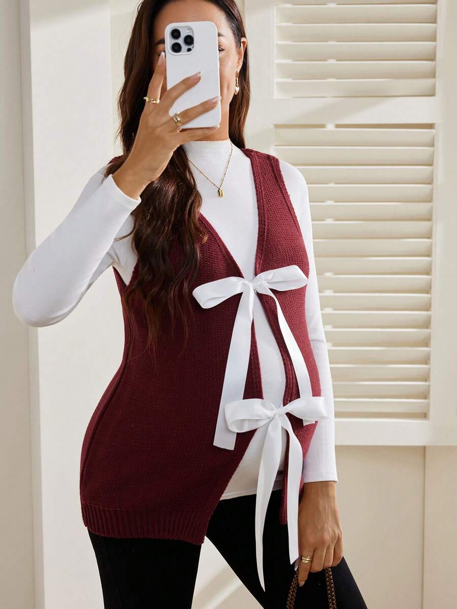SHEIN Maternity Colorblock Bowknot Strap Minimalist Sleeveless Sweater Vest - Burgundy - View 1