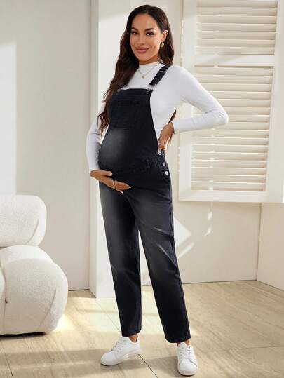 SHEIN Maternity Casual Washed Ombre Denim Bib Pants