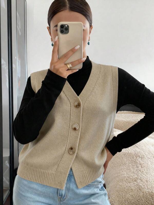 Siren Gaze Chaleco de punto de unicolor versátil y casual para mujer, ropa de otoño e invierno