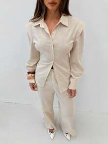 Siren Gaze Women's Casual 100% Cotton Drop Shoulder Long Sleeve Button Front Shirt Set, Autumn/Winter Linen Two Piece Set,Stylish And Casual Two-Piece Set - Apricot - View 8
