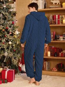 SHEIN Solid Color Zipper Plush Jacquard Hooded Men's Fluffy Cozy Winter Jumpsuit Loungewear - Royal Blue - View 2