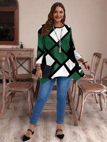 EMERY ROSE Casual Asymmetrical Hem Round Neck Geometric Line Pattern Allover Print Loose Fit Long Sleeve T-Shirt, Suitable For Autumn/Winter, Plus Size Fall - Multicolor - View 4