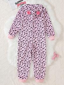 Girls Casual Leopard Print Heart All-Over Print Long Sleeve Jumpsuit Pajamas Hoodies Fleece Pajamas Leopard Print Winter Fleece Pajamas, Hooded Bodysuit Pajamas Kids Pajamas Girls Sleepwear Girls Pajamas Winter Pajamas For Girls Pajama Kids Girls - Baby Pink - View 2