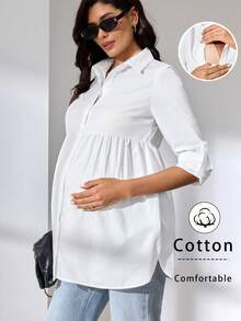 MaterniWear 办公室、商务孕妇工作服休闲纯色哺乳上衣，适合孕妇，秋季哺乳期孕妇棉质衬衫 - 白色 - 查看 8