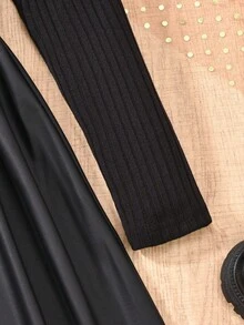 SHEIN Sparklyn Tween Girl 黑色罗纹保暖舒适 Polo 领 T 恤，PU 皮革优雅通勤连衣裙，配腰带 - 黑色 - 查看 5