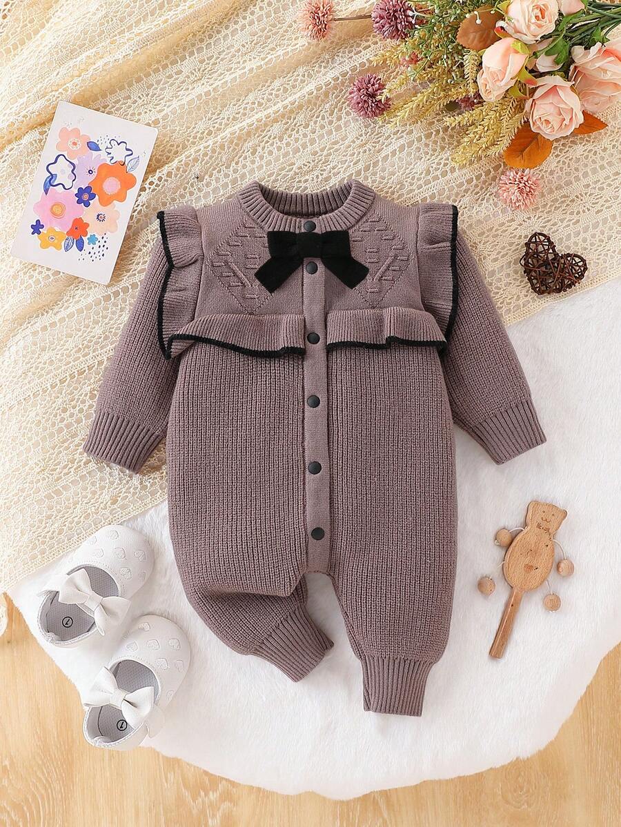 SHEIN Baby Girl Butterfly Decor Patchwork Ruffle Trim Long Sleeve Single-Breasted Knitted Jumpsuit, Suitable For Various Occasions Fall Winter - Coffee Brown - View 1