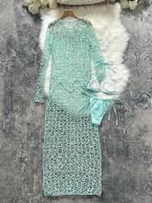 Swim SXY 女士夏季度假纯色吊带比基尼套装，含罩衫连衣裙 - 藍色 - 查看 2