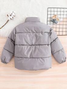 SHEIN Tween Girl Solid Color Long Sleeve Zipper Front Casual Loose Winter Jacket - Light Grey - View 2