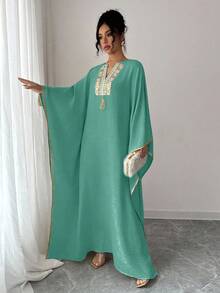 Rafferiza Women's V-Neck Fringe Design Batwing Sleeve Loose Long Dress