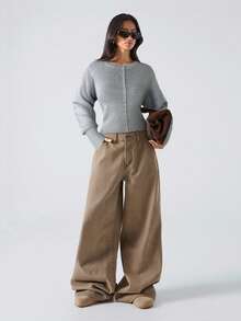 LYSMO 2025新款简约秋季休闲女装灰色落肩长袖单排扣收腰休闲开衫全白套装，适合外出、街头穿搭和斯德哥尔摩风格 - 灰色 - 查看 5