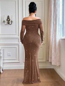 Roveilla Plus Size Rhinestone Embellished Off Shoulder Bodycon Maxi Party Dress - Khaki - View 2
