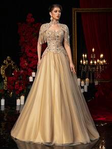 Glamrae Petite Đầm dạ hội trễ vai trang trọng dành cho nữ (được trang trí cầu kỳ) - Màu Khaki - Xem 6