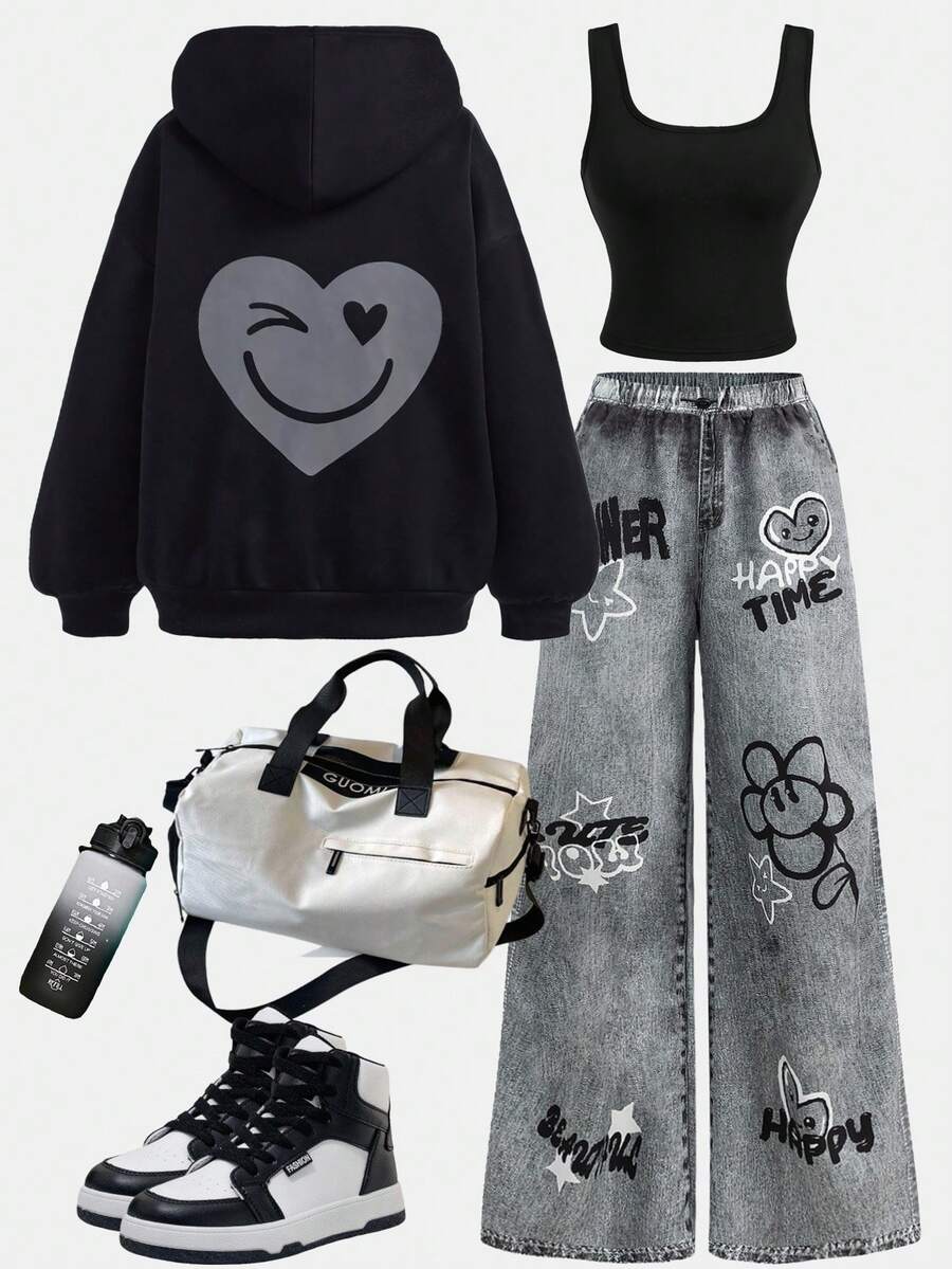 SHEIN Girlism 3 件套青少年女孩秋冬黑色针织连帽衫，心形和脸部印花，黑色图案背心，仿牛仔工装裤