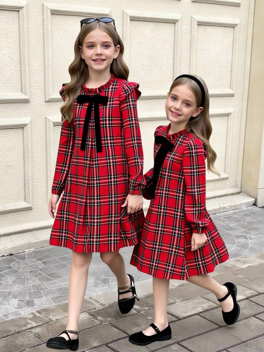 SHEIN Tween Girl Elegant Red Plaid Ruffle Bow A-Line Long Sleeve Dress With Headband,Back-To-School Autumn Winter Casual School Outfit,Cute Vintage Woven - Red - View 1