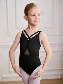 SHEIN Young Girls' Fitted Black Ballet Leotard, Elegant Criss-Cross Hollow-Out Back Design, Comfortable Knit & Stretch Mesh Gymnastics & Casual Bodysuit, Suitable For All Seasons