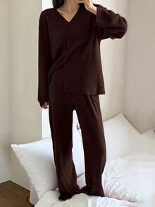 DAZY 女士休闲条纹抓绒上衣和裤子两件套舒适睡衣套装，秋冬季 - 棕色 - 查看 4