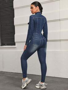 SHEIN PETITE Women's Retro Style Long Sleeve Denim Jumpsuit