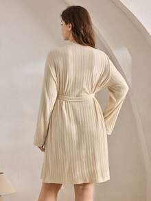 Ocili Plus Size Women's Solid Color Minimalist Long Sleeve Robe, Everyday Wear, Winter - Apricot - View 2