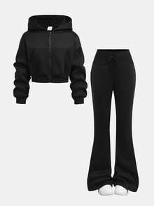 Girlism Tween Girls Knit Hooded Zip-Up Sweatshirt And Sweatpants Set, Casual Loungewear, Autumn/Winter - Black - View 13