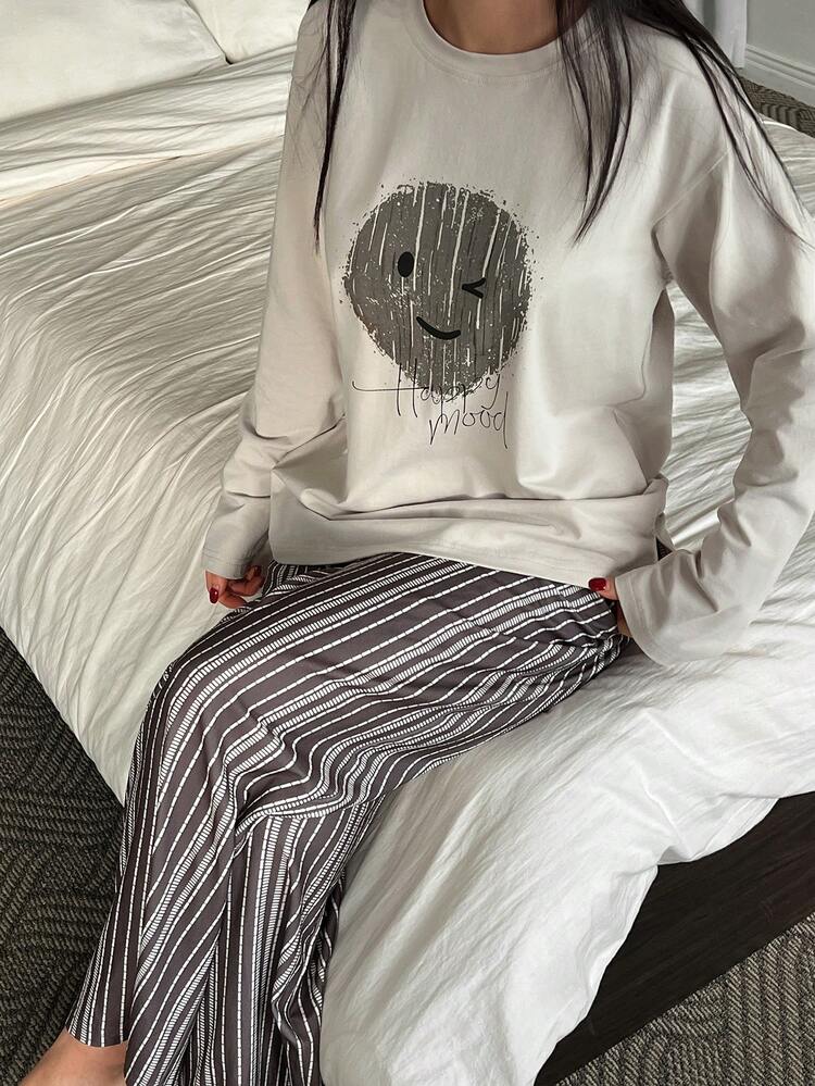 Graphic Print Loose Top And Striped Pants Women Sleepwear Pajama Set, Winter Clothes