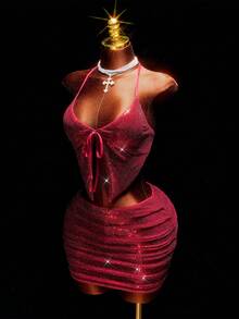 Amplova طقم ملابس علوية قصيرة ذات ترتر ذهبية باللون الأحمر الكرزي وتنورة قصيرة منخفضة الخصر، طقم نسائي مكون من قطعتين