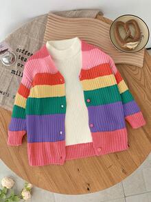SHEIN Babygirl Cute Colorful Striped Cardigan Sweater, Versatile For Autumn/Winter - Multicolor - View 6