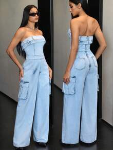 Jeanoix 女式休闲水洗牛仔连体裤 - 藍色 - 查看 1