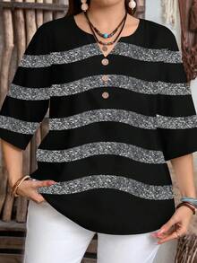EMERY ROSE Plus Size Women's Casual Minimalist Black & Gray Striped Shirt, Suitable For Summer,Spring/Vacation - Multicolor - View 5