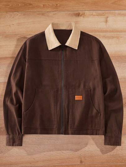 HIMLAND 男士休闲拼接领皮革标签装饰修身长袖衬衫式上衣