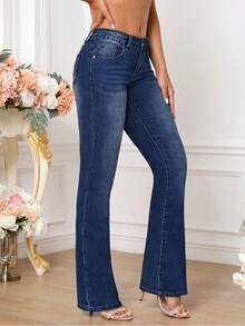 SHEIN Tall Women's Casual Flared Jeans With Pockets - Dark Wash - View 5