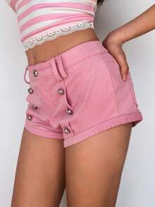 Sweetina Shorts Casuais Femininos de Veludo Cotelê Rosa de Cintura Super Baixa - Rosa chiclete - Visão 3
