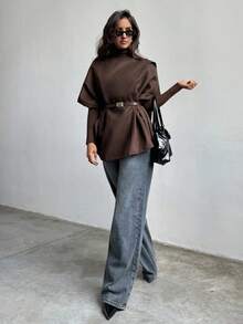 Aloruh Abrigo capa de cuello redondo de unicolor para mujer, abrigo marrón, chaleco, chaqueta sin mangas de color chocolate, estilo "Old Money", elegante para mujer, abrigo de negocios casuales, chaqueta de oficina, abrigo de invierno chic para mujer, moda para otoño/invierno - Café integral - Ver 6